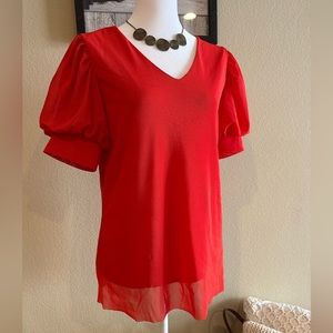 Worthington Women’s Red Blouse w/Puff Sleeves, Lined, Mesh Fabric - Sz L